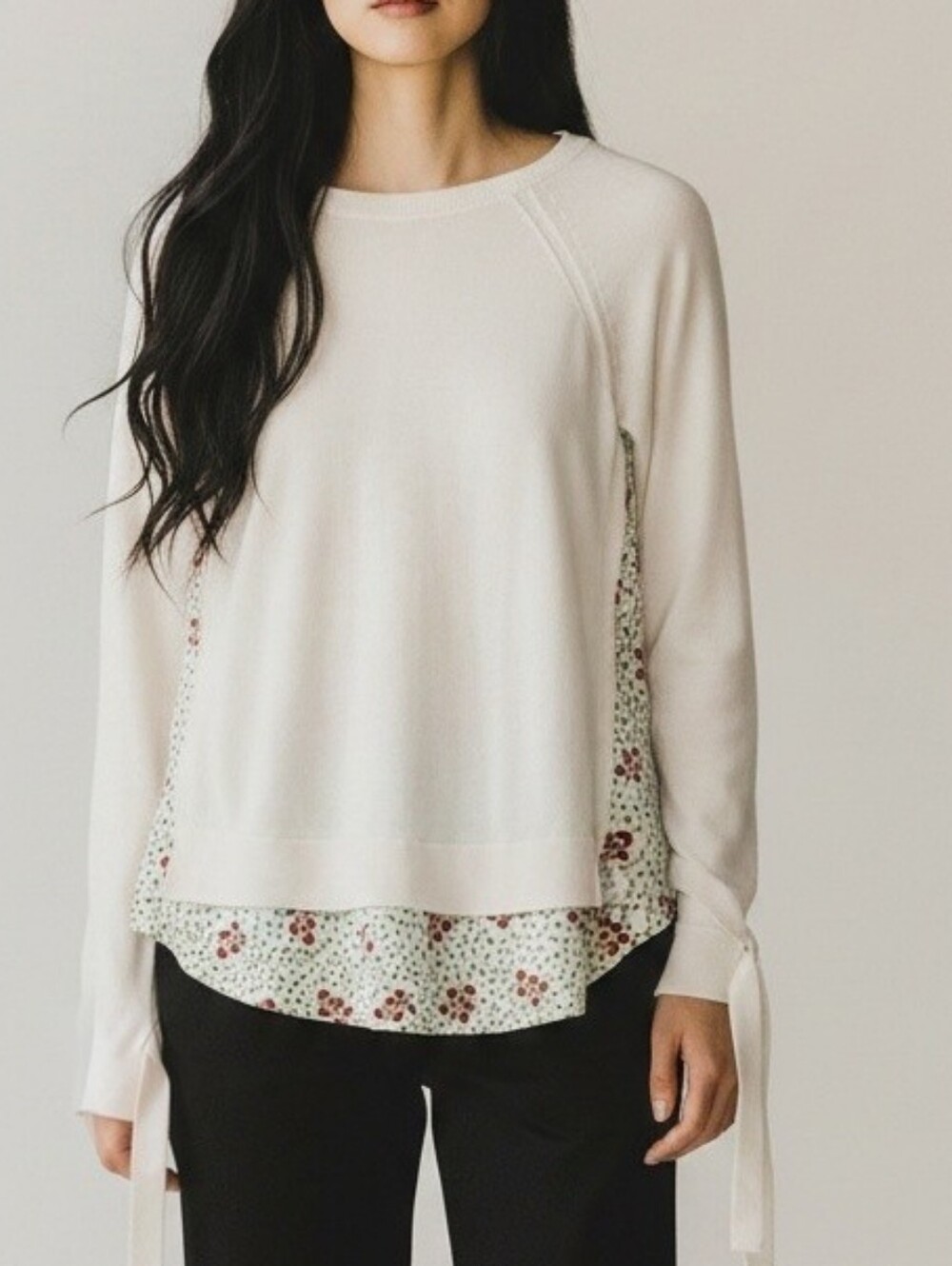 LOFT Petites Ivory Lightweight Layered Sweater with Floral Side and Back Panels